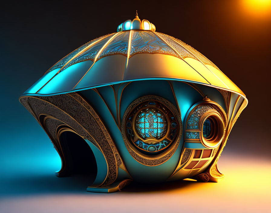 Futuristic dome structure with gold patterns and glowing blue panels