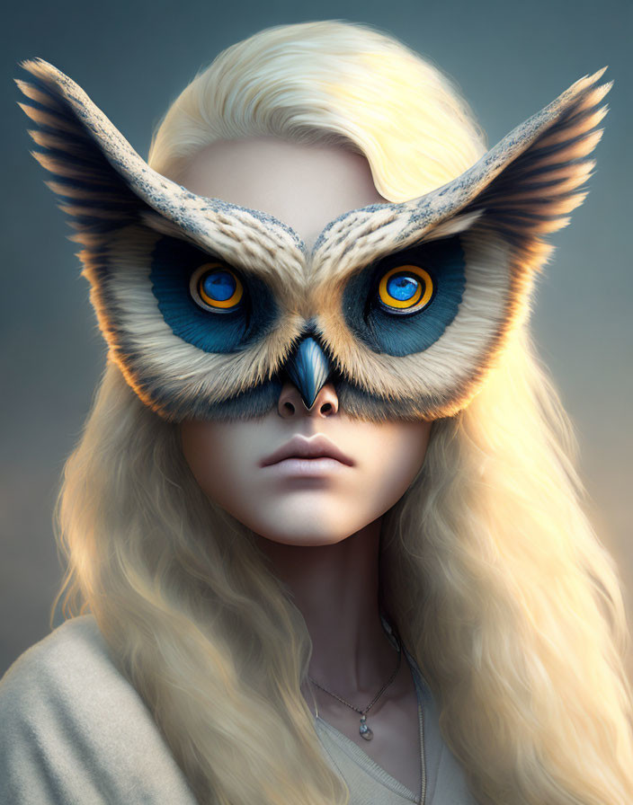 Person wearing owl mask with blue eyes and blonde hair.