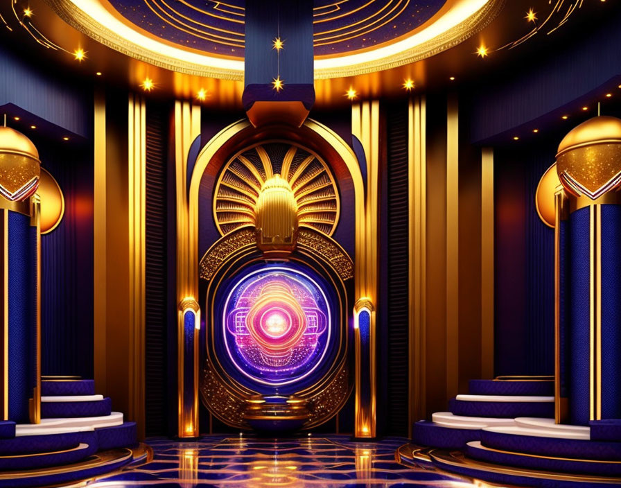 Luxurious Art Deco Interior with Gold Accents and Futuristic Neon Elements