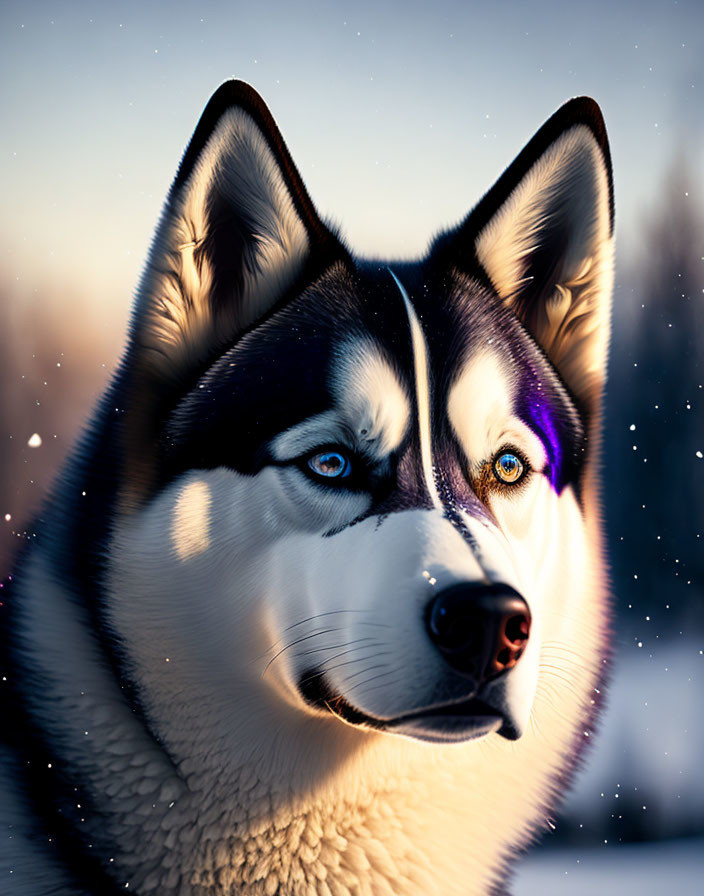 Striking blue-eyed husky in snowy sunset scene