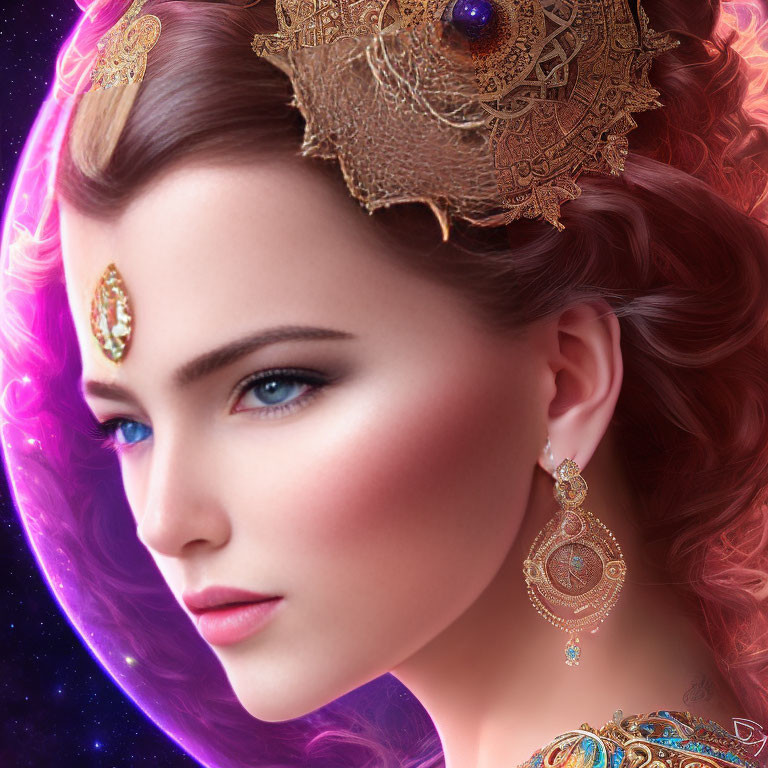 Woman adorned in golden jewelry with blue eyes and red hair on cosmic purple background.