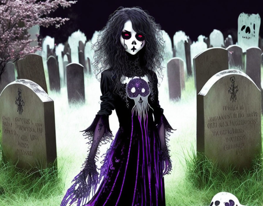 Skull-faced figure in purple graveyard with tombstones