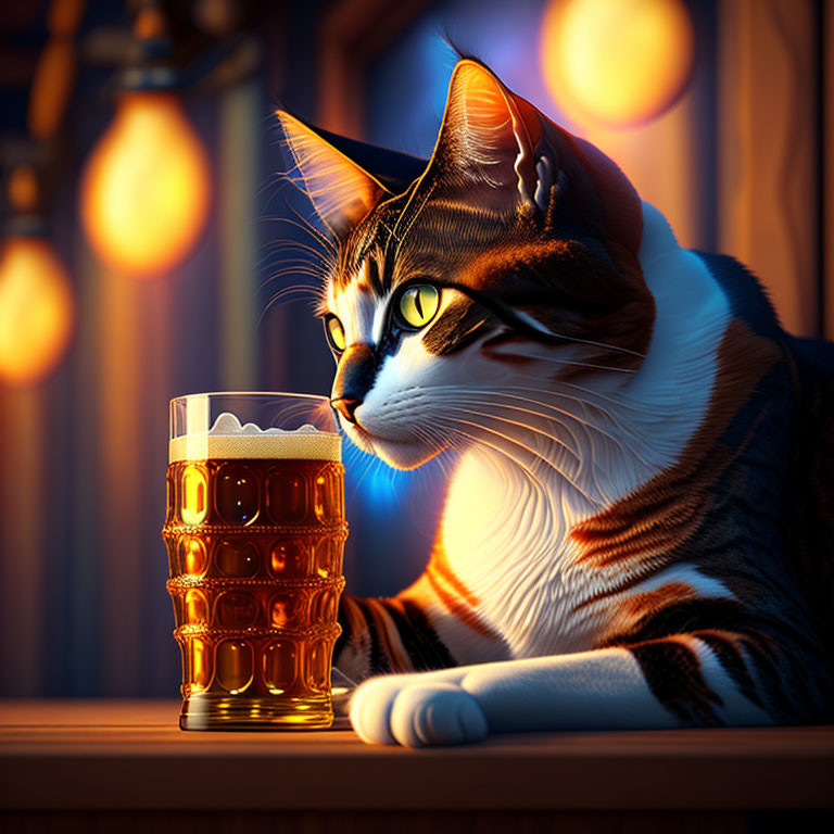 Striking-eyed domestic cat beside full pint glass at twilight bar