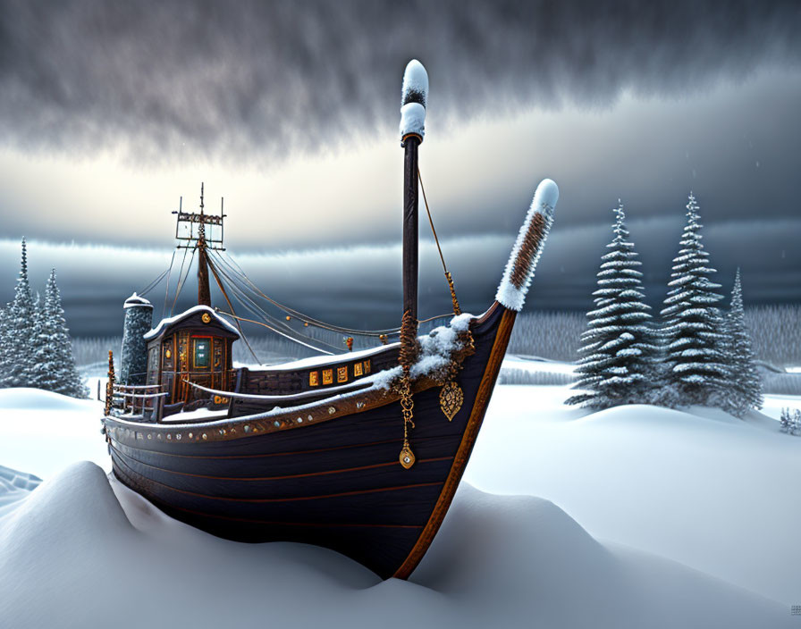 Viking longship stranded in snowy landscape with pine trees and dark clouds