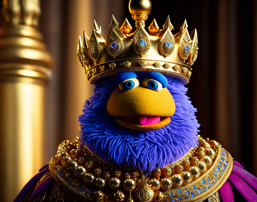 Blue plush character with beak, crown, and royal attire embodies regal elegance