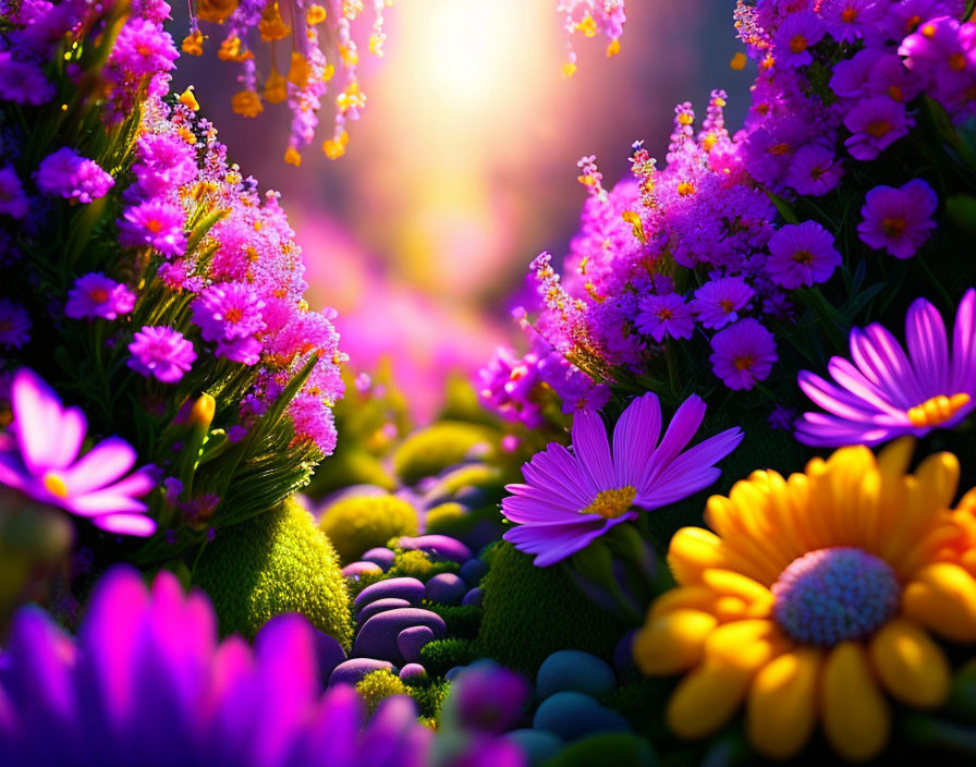 Colorful garden scene with purple and yellow flowers in sunlight and dewdrops on petals.