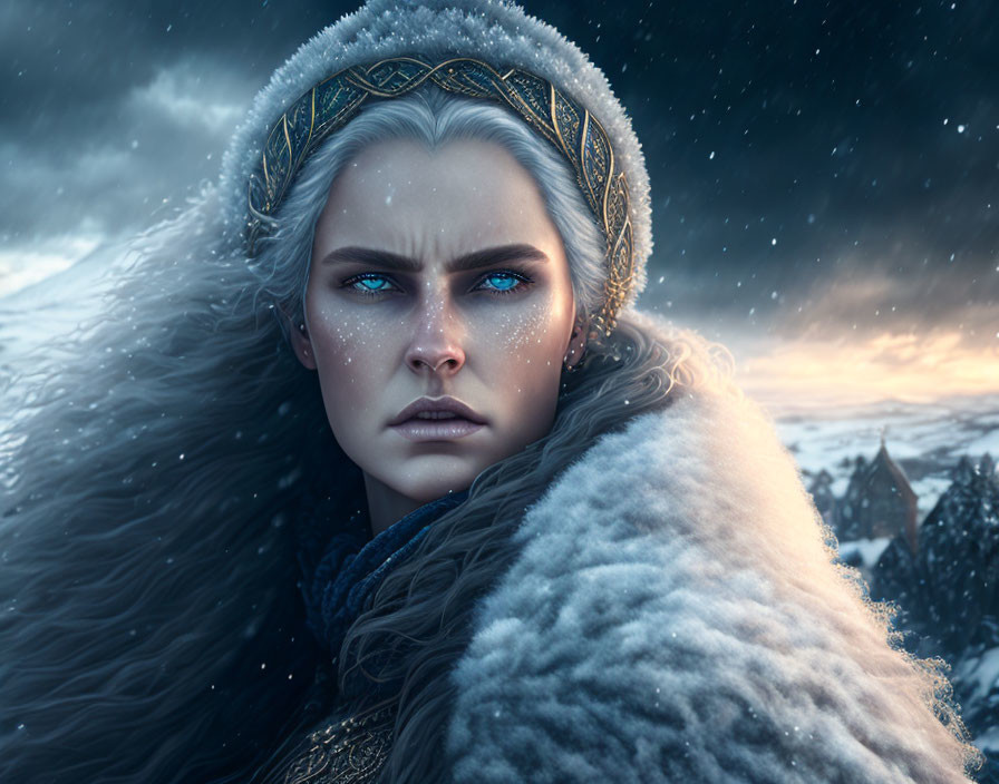 Fantasy ice queen digital artwork with blue eyes, regal headpiece, fur cloak, snowy village