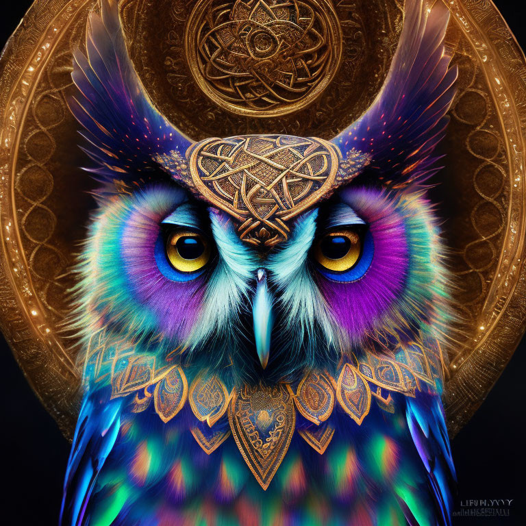 Colorful Owl Digital Art with Yellow Eyes and Mandala Background