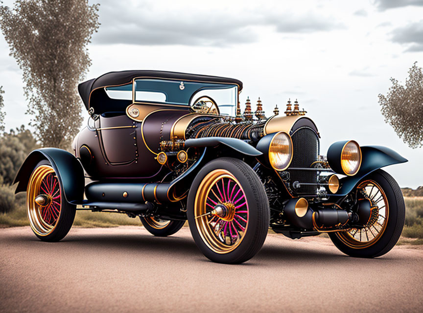 Vintage car with brass details and colorful spoke wheels on desert road.