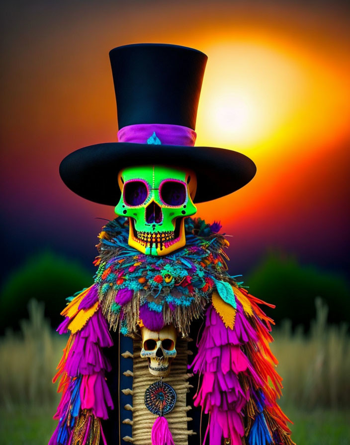 Colorful skeleton with top hat and feather cloak on sunset background