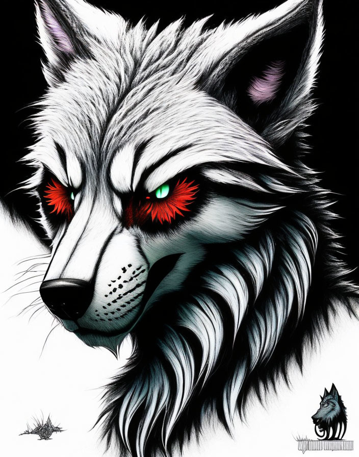 Detailed Wolf Illustration with Red Eyes on Black Background