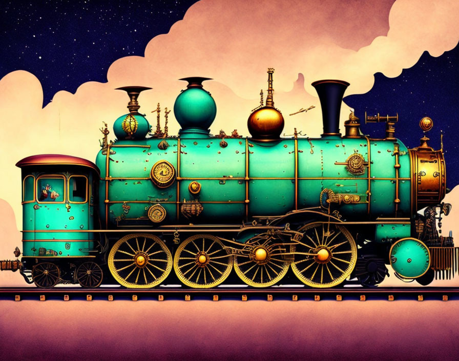 Illustrated ornate turquoise and gold steam locomotive on starry night background