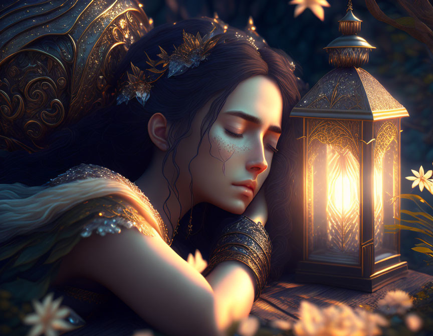 Ethereal woman with leaf-like adornments sleeping beside glowing lantern in twilight setting