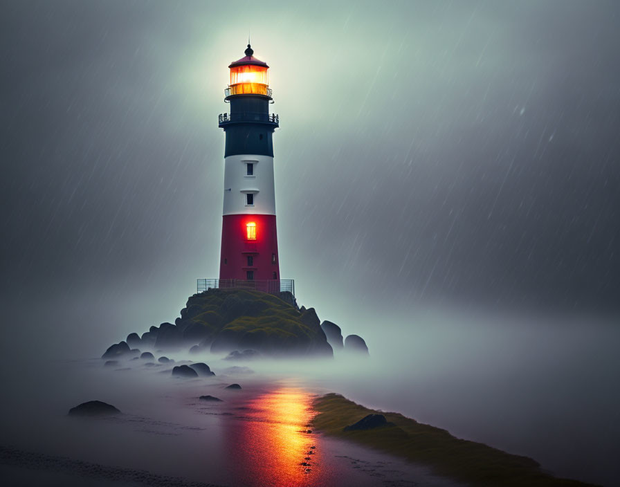 Rainy night lighthouse scene with warm glow on wet rocks