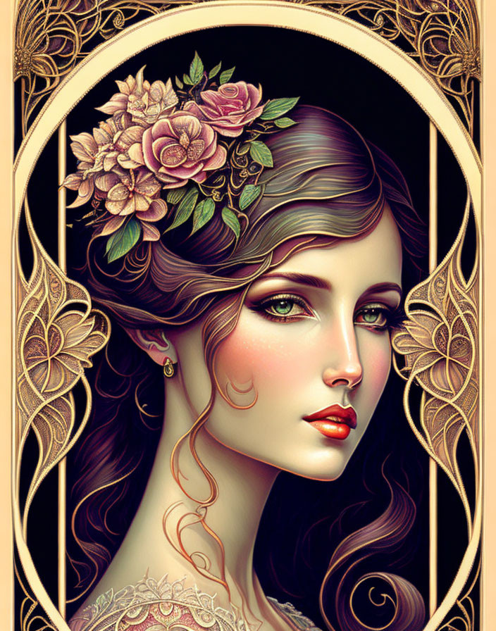 Digital Artwork: Woman with Floral Headpiece and Art Nouveau Designs