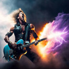 Musician performing with electric guitar in vibrant stage setting