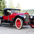 Vintage car with brass details and colorful spoke wheels on desert road.