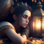 Ethereal woman with leaf-like adornments sleeping beside glowing lantern in twilight setting