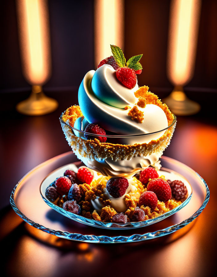 Swirled soft-serve ice cream with raspberries and mint on biscuit crumbs in glass dish