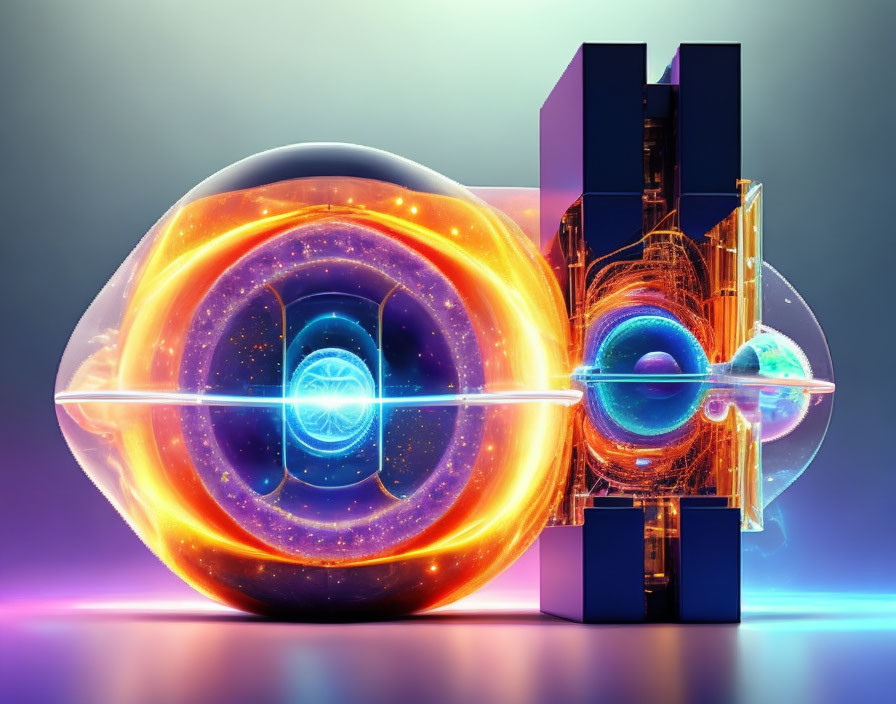 Abstract digital artwork: Glowing spherical shapes with energy rings on neon-lit surface