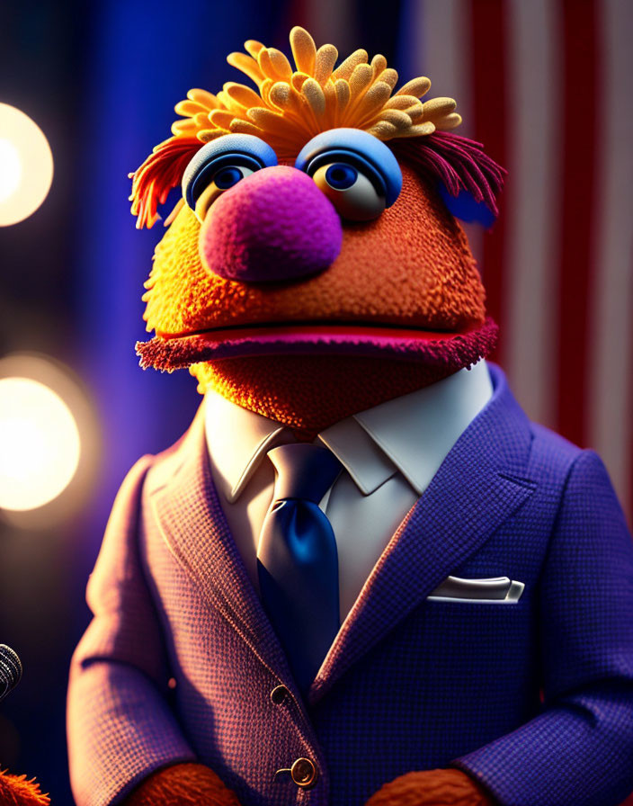 Orange-Furred Puppet in Suit and Tie with Microphone