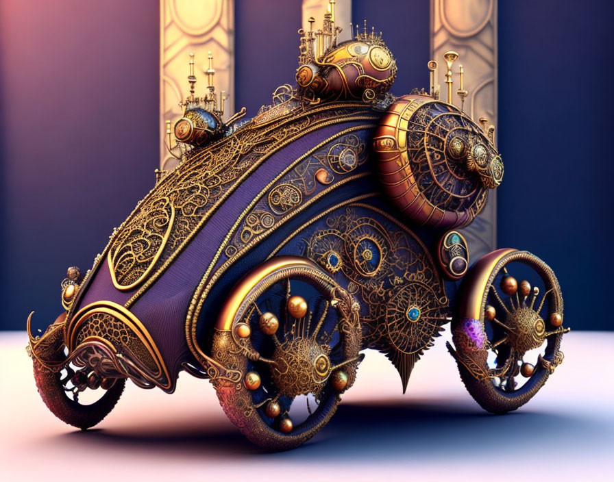 Intricate Steampunk-Style Vehicle with Metalwork and Cogwheel Patterns