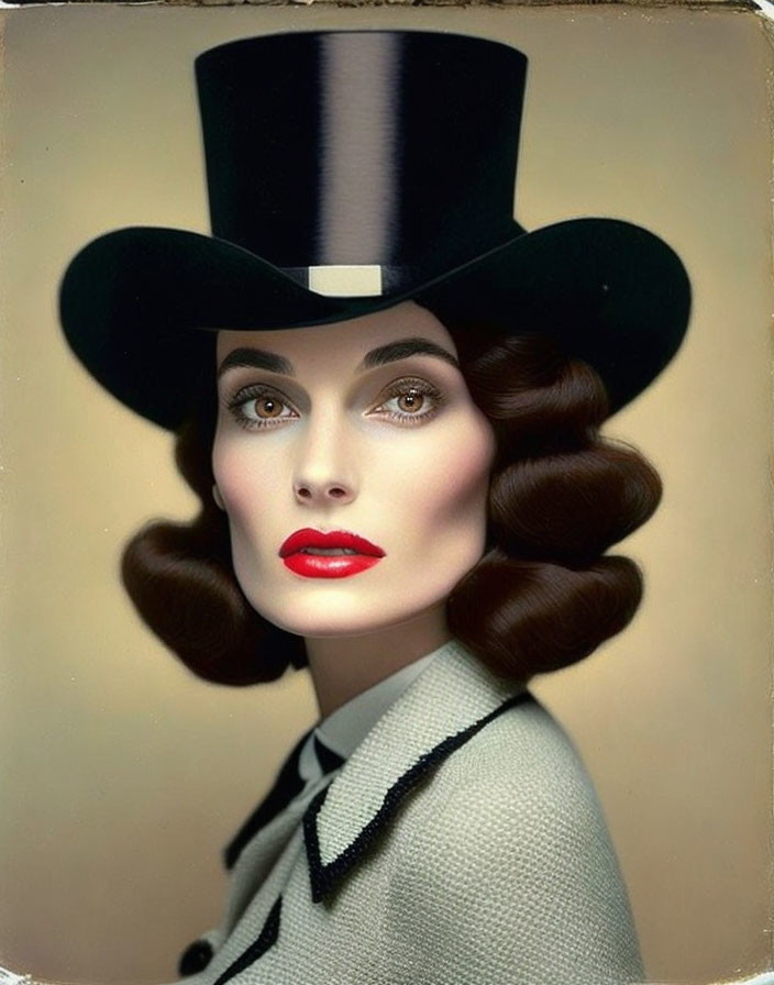 Stylized woman with red lips and tophat in collared outfit