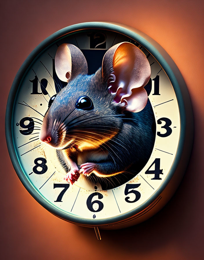 Round wall clock with realistic mouse indicating time on orange backdrop