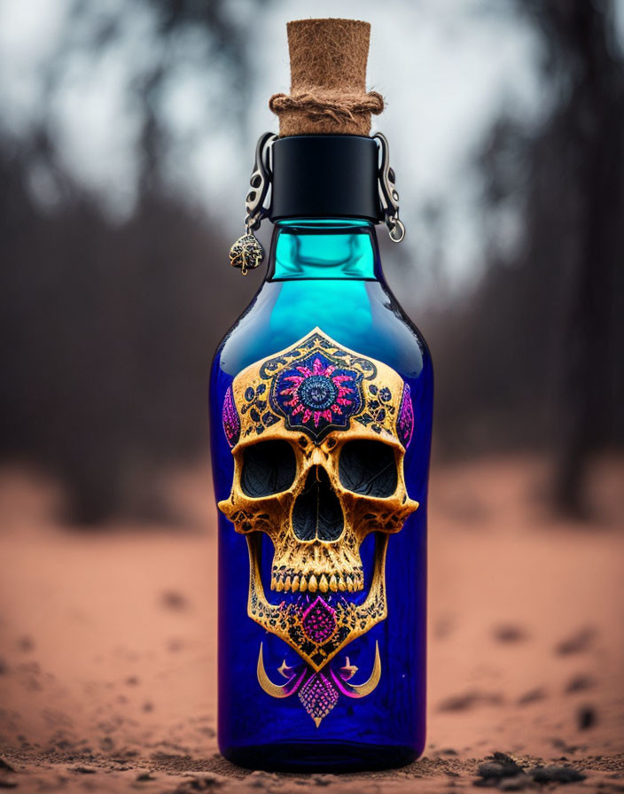 Blue Glass Bottle with Skull Design and Purple Gold Patterns in Sandy Setting