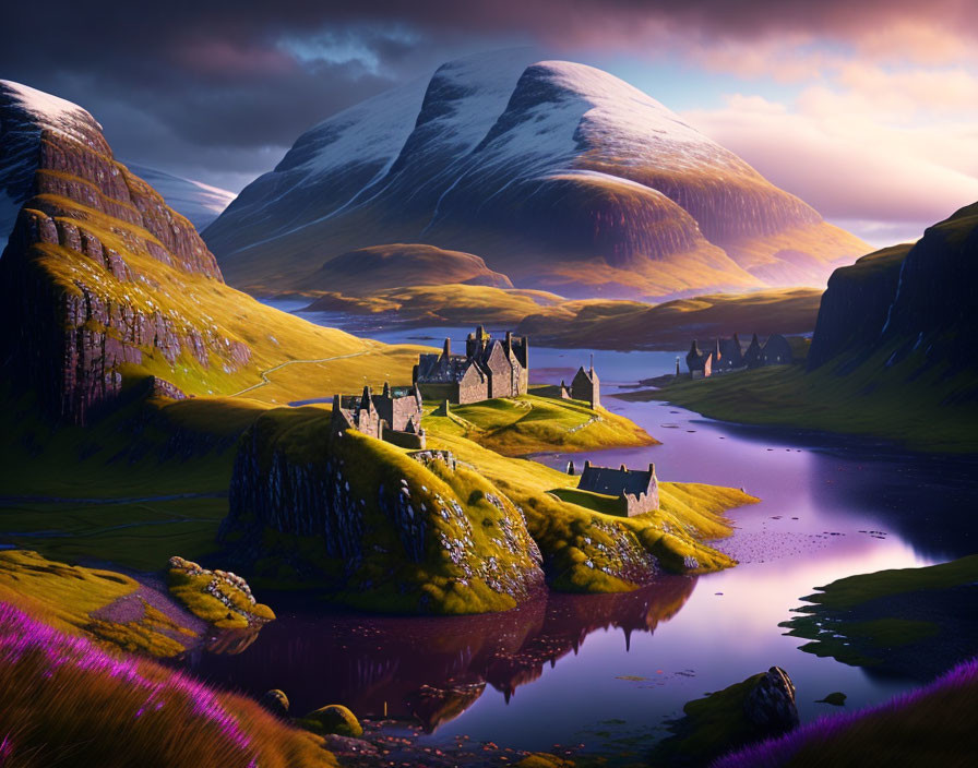 Majestic castle in serene fantasy landscape at dusk