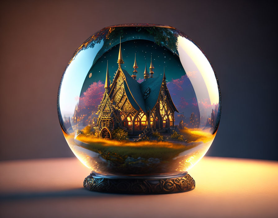 Crystal ball with fantasy castle and trees under night sky on flat surface