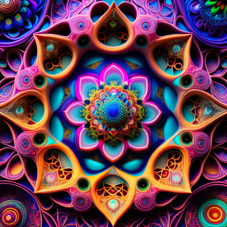 Symmetrical fractal art with vivid colors and intricate floral mandala patterns