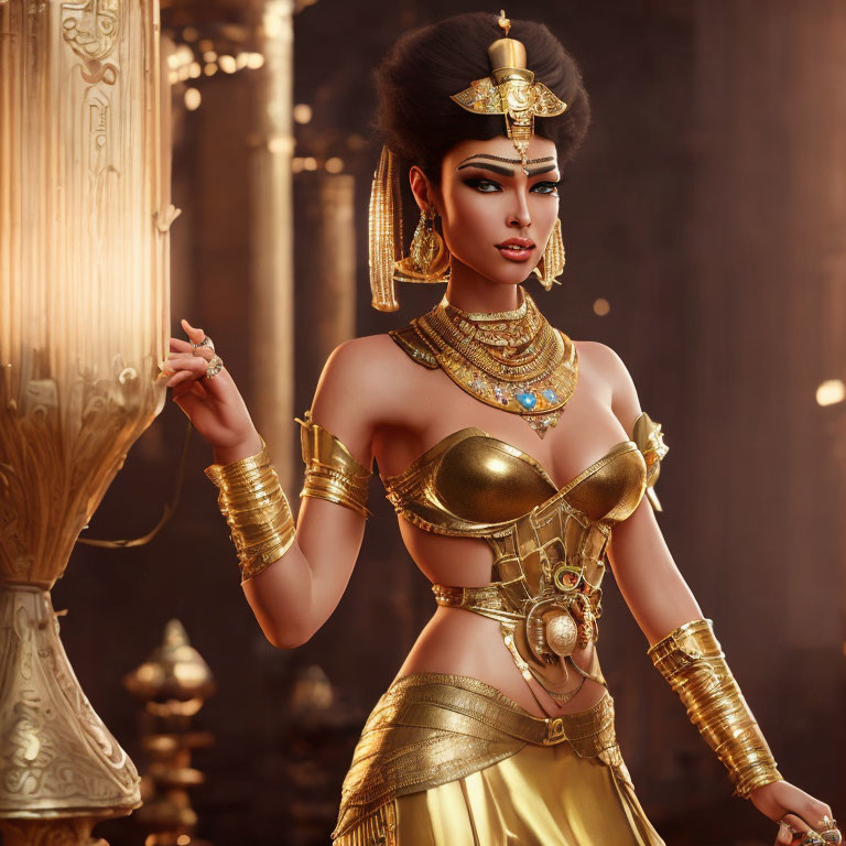 Stylized 3D illustration of woman in ornate Egyptian attire