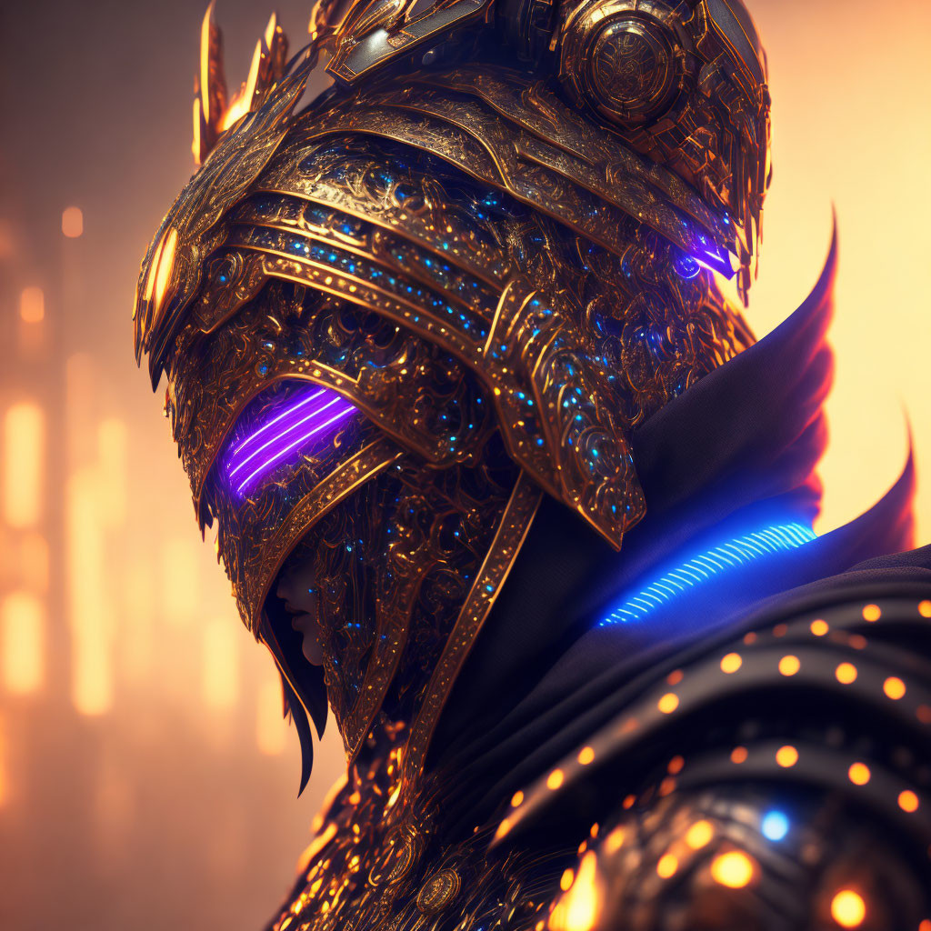 Golden Armored Figure with Blue Lights in Futuristic Cityscape