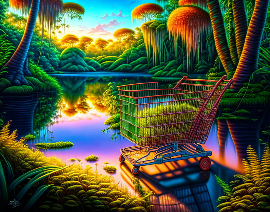 Vibrant surreal landscape with shopping cart, reflective water, exotic vegetation, and mushroom trees at dawn