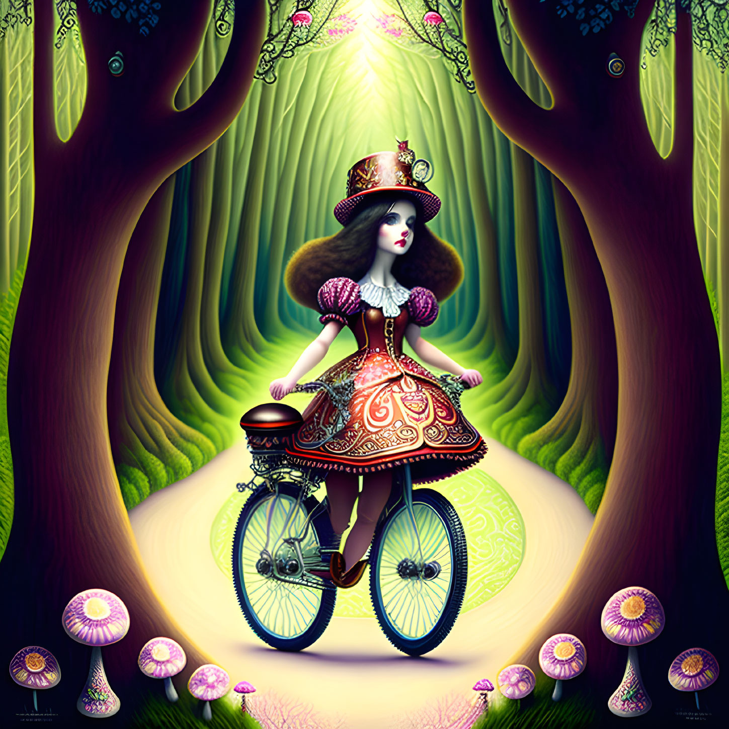 Victorian woman on vintage bicycle in whimsical forest with glowing mushrooms