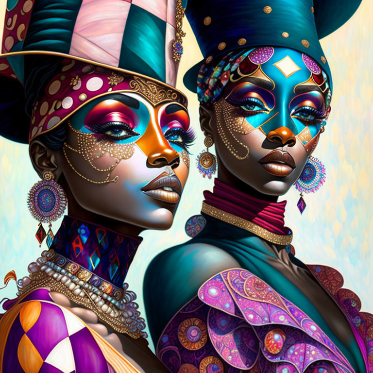 Stylized regal female figures with intricate face paint and ornate headdresses in vibrant colors