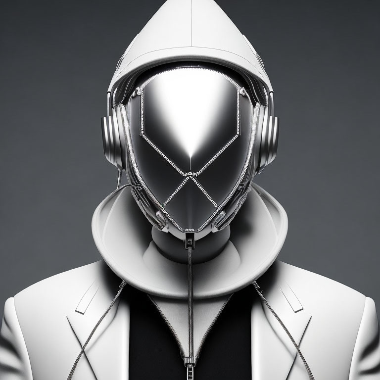 Futuristic character with reflective white helmet and dark visor