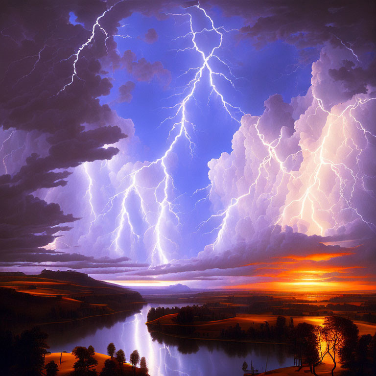 Dramatic sunset with lightning over river landscape