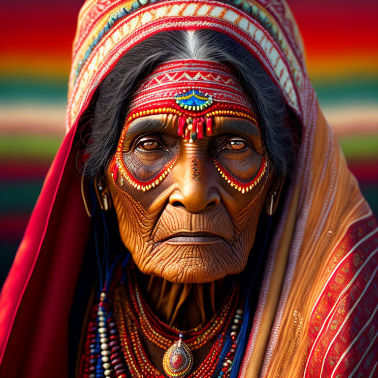 Elderly woman in traditional attire with face paint and jewelry on vibrant background