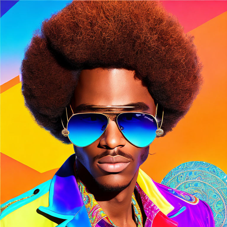 Person with Large Afro in Blue Aviator Sunglasses and Colorful Clothing against Multicolored Background