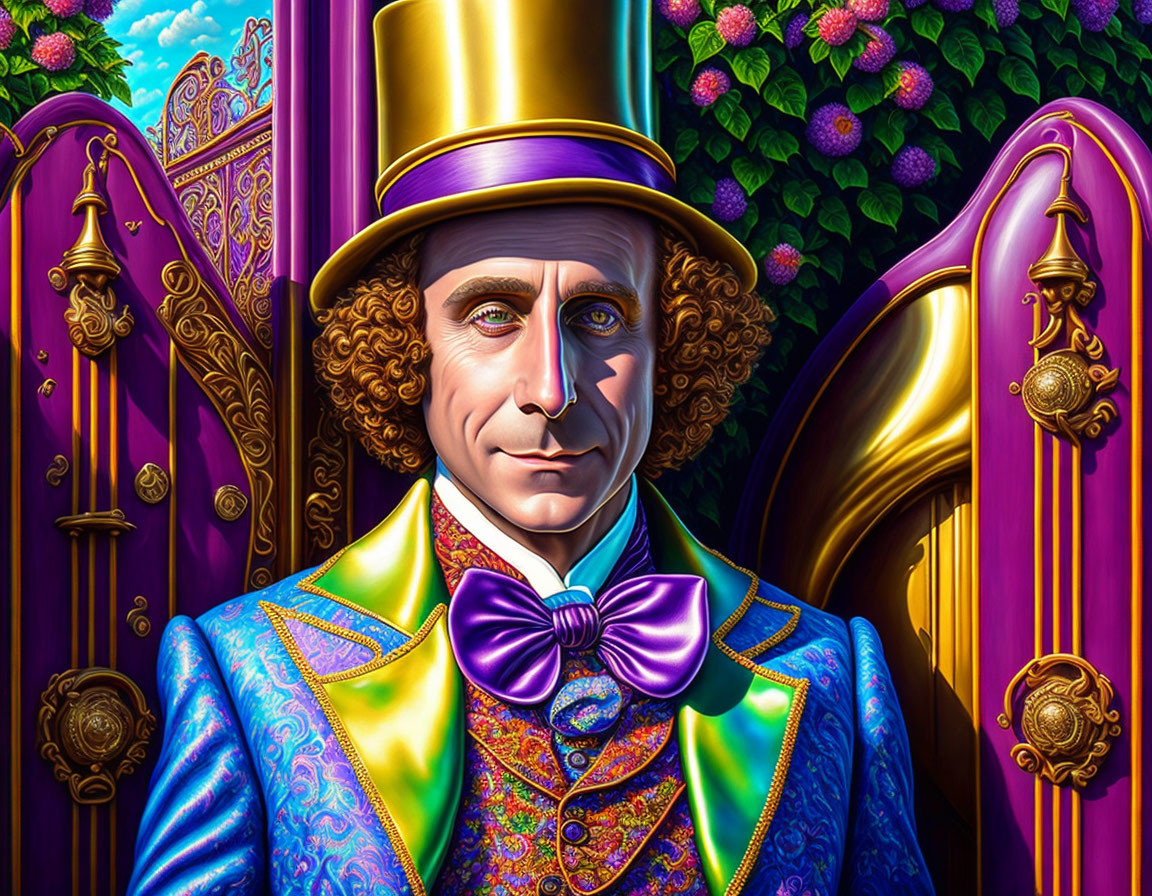 Vibrant illustration of man in top hat & colorful suit standing by purple doors & golden harps