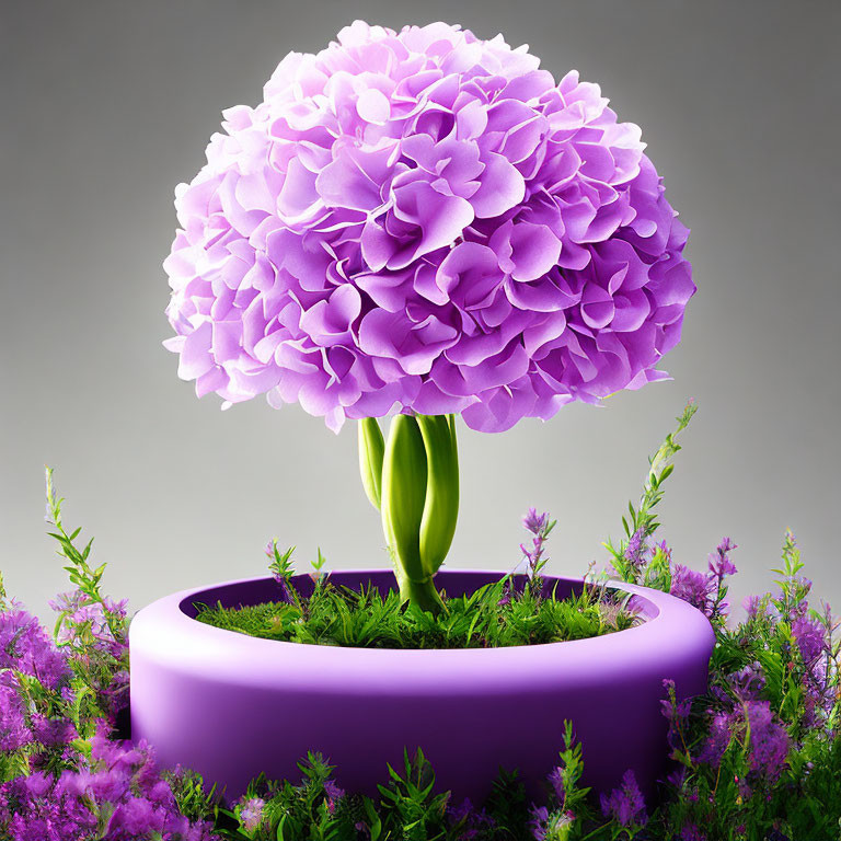 Digital artwork: Oversized purple hydrangea bloom in purple pot with floral backdrop