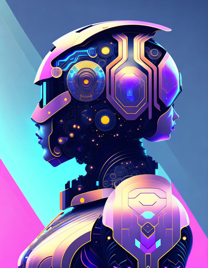 Female futuristic robot with intricate headgear and neon highlights on dual-tone backdrop