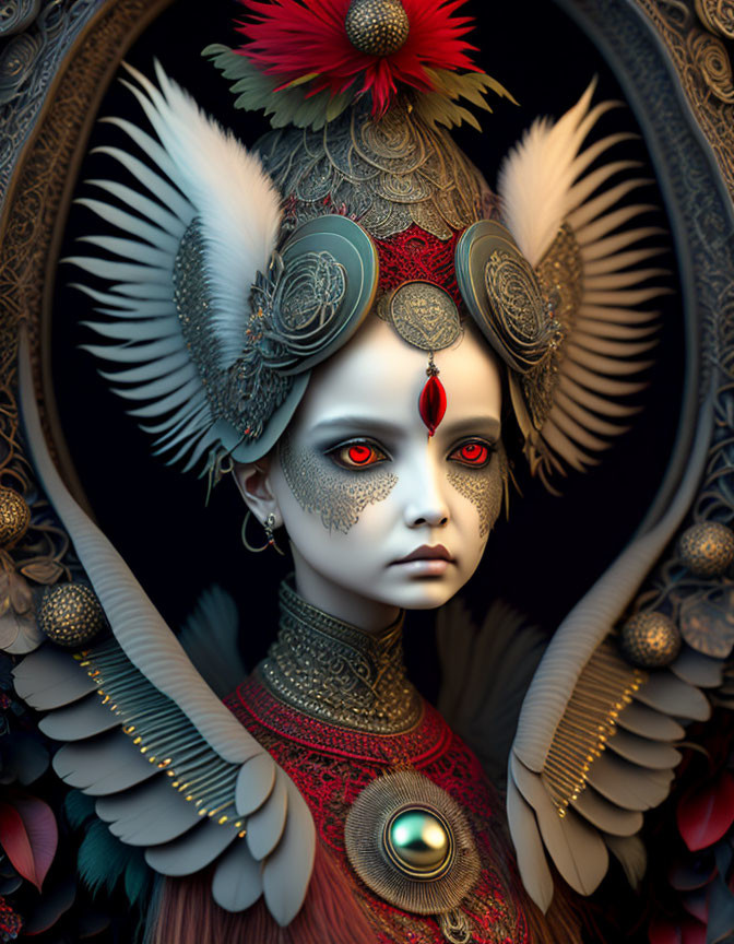 Digital artwork featuring person with ornate feathered headgear, red eyes, and intricate jewelry against dark