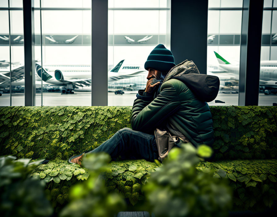 Individual in airport lounge with airplanes visible through window