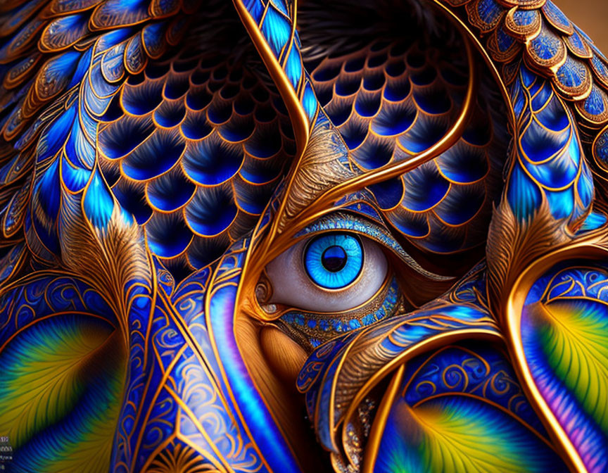 Colorful peacock feather eye art in blue, gold, and brown