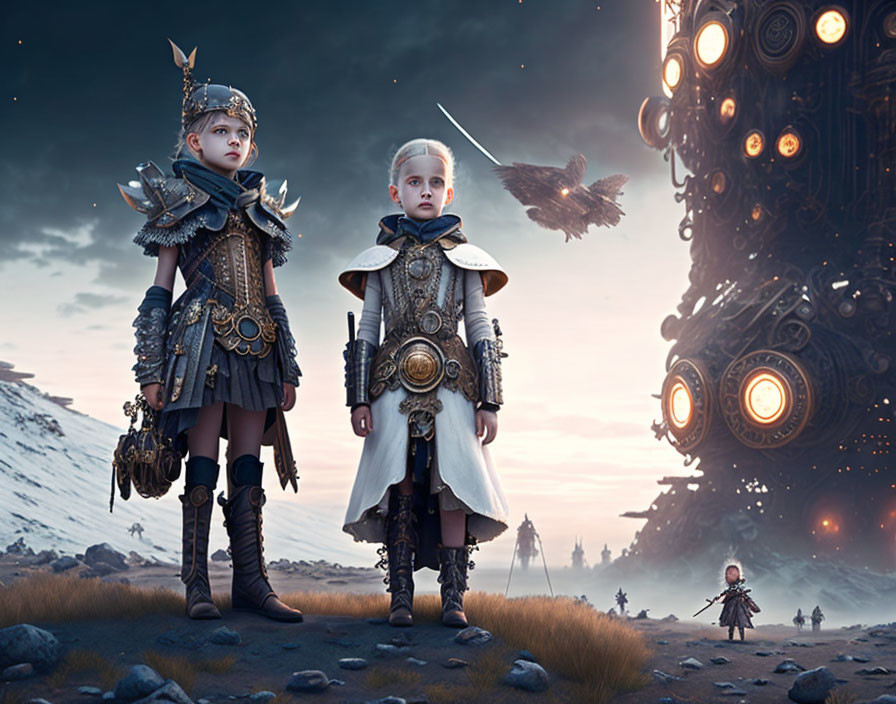 Children in warrior costumes by giant mechanical structure in snowy landscape