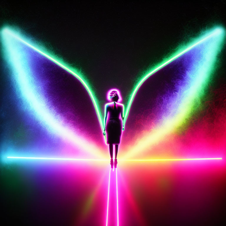 Silhouette of Person in Neon X Shape Amid Colorful Glow