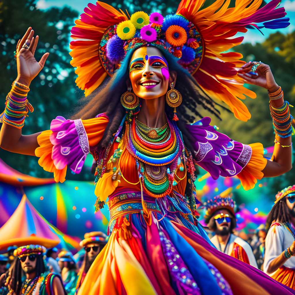 Colorful Feathered Headdress Carnival Dancer with Elaborate Costume